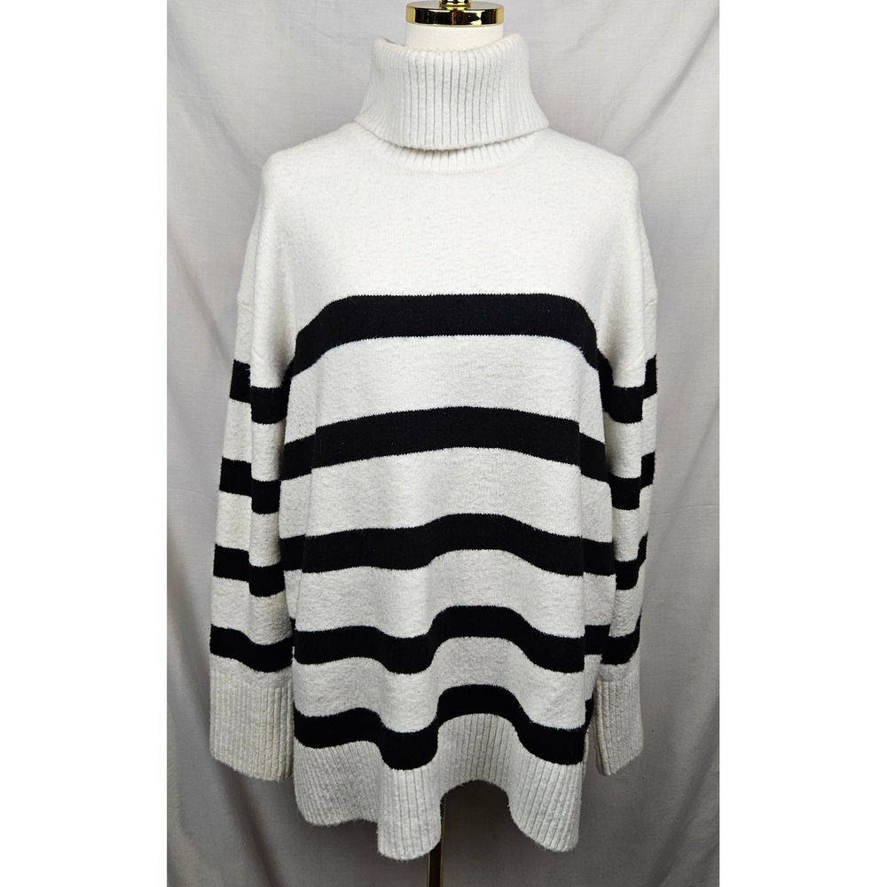 Nine West Black White Striped Turtleneck Sweater‎ Size L Cozy Knit Staple